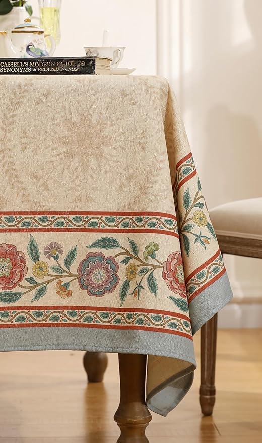 Beige Linen Rectangle Extra Long Tablecloth,Vintage Indian Style Soft and Colorfast Floral Tablecloths,Decor Table Cover for Kitchen,Dining,Thanksgiving,67"*118"-Flowershadow E