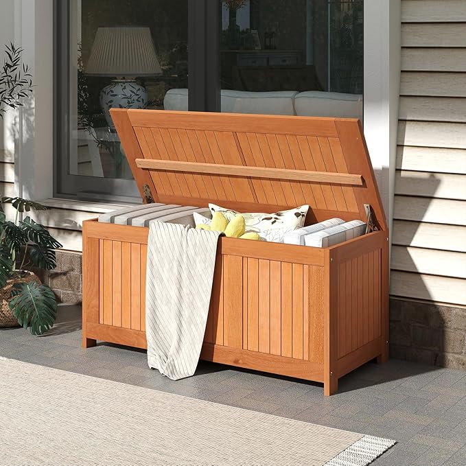 HAPPYGRILL Outdoor Wood Deck Box with Flip Top, Patio Storage Bench for Garden, Poolside, Backyard, 58 Gallon