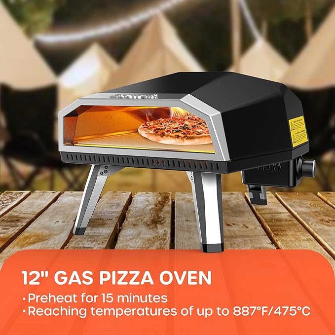 Ecowell Gas Pizza Oven – 12" Pizza Maker with Gas Regulator, Outdoor Energy-saving Propane Pizza Cooker, with Pizza Stone/Peel/Cutter/Infrared Thermometer (12 Inches)