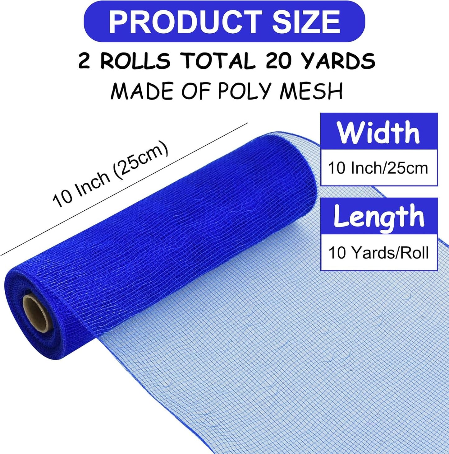 TONIFUL 2 Rolls 10 Inch Royal Blue Decorative Mesh Ribbbon Rolls, Fabric Mesh for Mesh Wreath Supplies, Front Door Wreath Crafts Tree Decor Christmas NewYears Halloween Decoration (10 yds/roll)