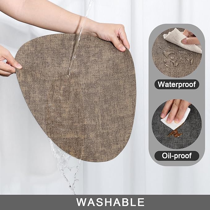 Placemats and Coasters, Washable Reversible Placemats Round Faux Leather Wipeable Place Mats Non Slip Heat Resistant Indoor Outdoor Table Mats (Set of 6, Gray Brown)