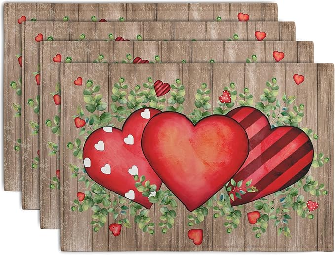 Valentines Day Wooden Plank Placemats Set of 4, 12x18 Inch Valentine Eucalyptus Leaves Heart Dining Table Placemats Wedding Washable Heat Resistance Place Mats for Party Kitchen Dining Decor
