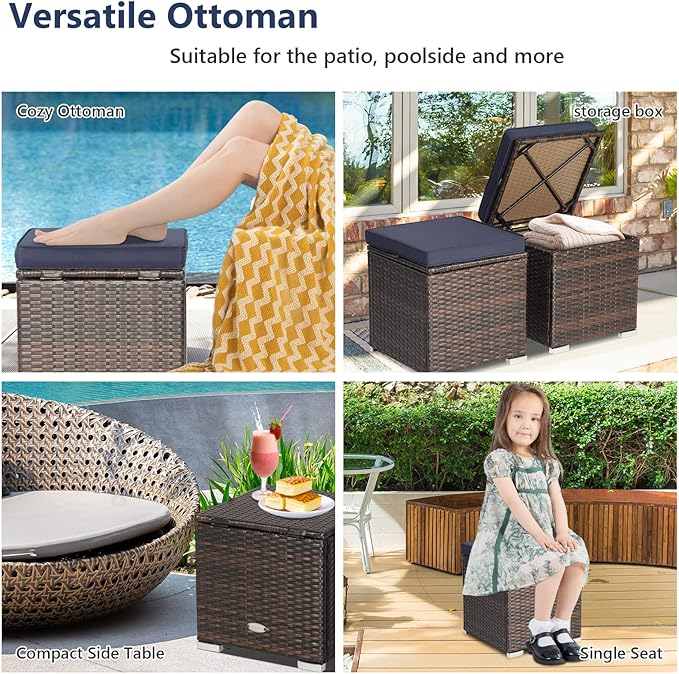 Tangkula 2 Pieces Patio Ottomans, Patiojoy Hand-Woven PE Rattan Side Table with Removable Cushion & Hidden Storage Space, Multifunctional Storage Box, Seat for Patio, Backyard, Poolside (Navy)