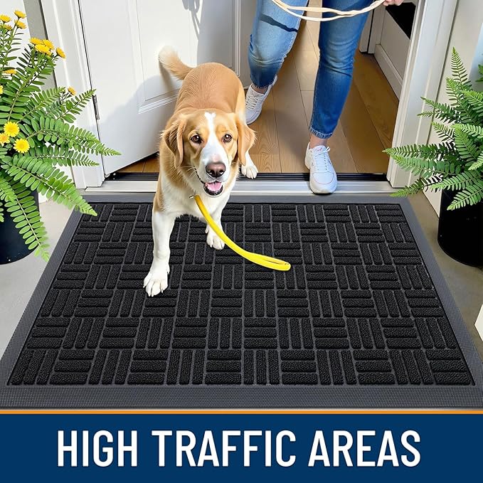 OLANLY Front Door Mat Outside Entrance 29.5x17, Absorbent, Heavy Duty Sturdy Natural Rubber Doormat Indoor Outdoor, Stain and Fade Resistant, Non-Slip Backing Low Profile Floor Mat for Entryway, Black