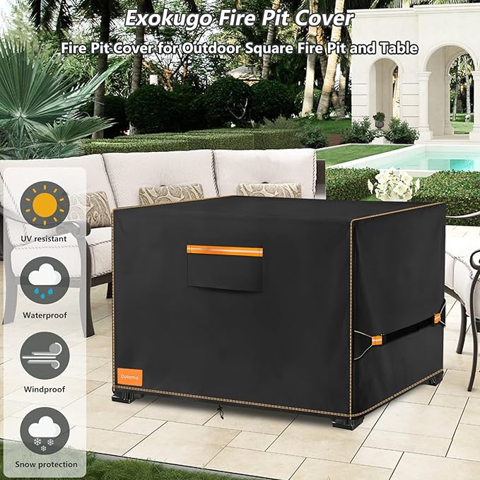Fire Pit Cover,Outdoor Heavy Duty 600D 100% Waterproof Fire Pit Cover Square,Weatherproof Firepit Covers Square 32" L x 32" W x 24" H,Black