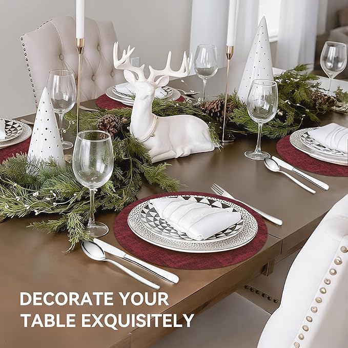 13"Round Placemats Set of 6, Reversible Faux Leather Heat Resistant Table Mats, 100% Waterproof Oilproof Wipeable Table Protective Placemats for Vinyl, Washable for Indoor & Outdoor Use (6, burgundy)