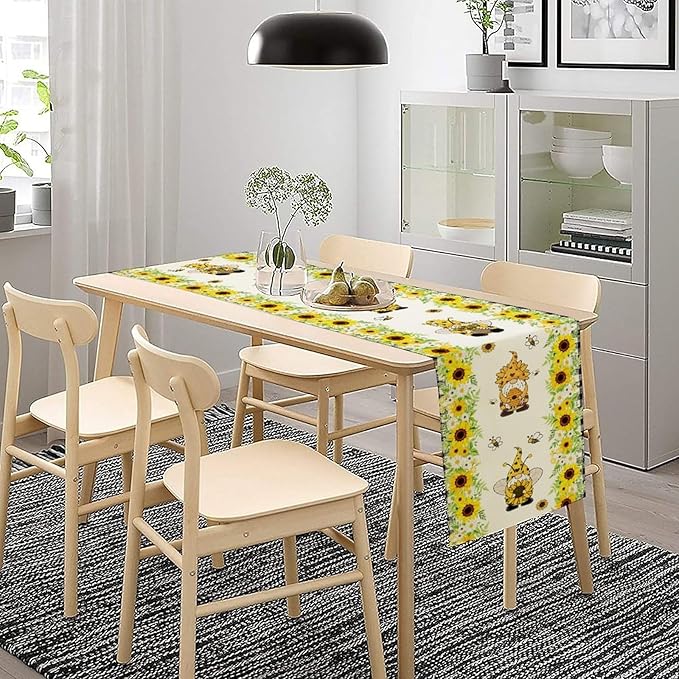 Summer Sunflower Gnome Table Runner, Buffalo Plaid Bee Farmhouse Seasonal Table Decoration for Outdoor Home Party Kitchen Dining Holiday 13x70in