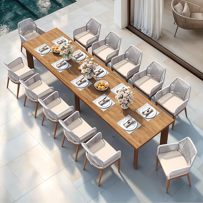 PURPLE LEAF 13 Pieces Patio Dining Set Aluminum Modern Rectangular Table and Rattan Arm Chairs with Cushions for Kitchen Porch Garden Outdoor Furniture Sets