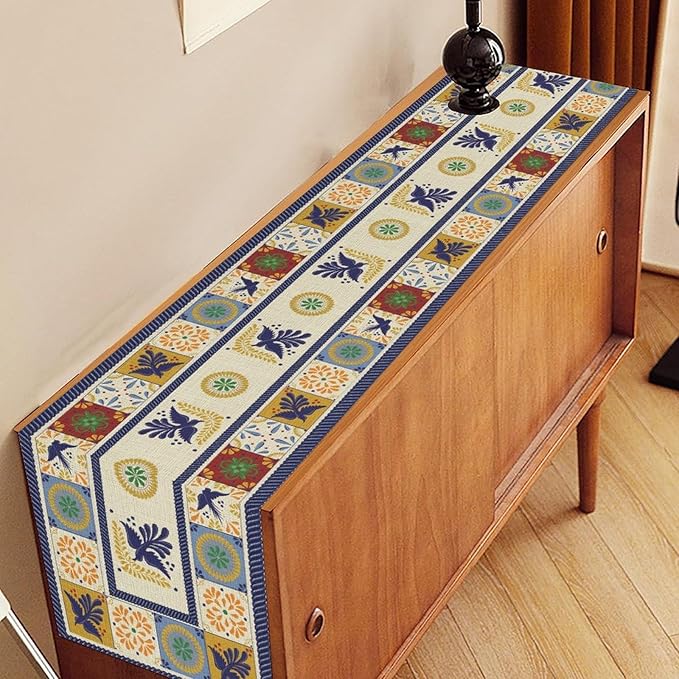 Mexican Table Runner, Blue Floral Birds Mexico Talavera Ceramic Dia De Los Muertos Coffee Table Center Decor for Family Home Kitchen and Dining Farmhouse Indoor Outdoor Table Decorations, 13" X 36"