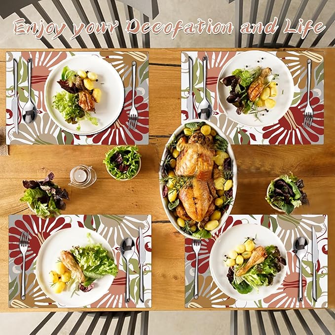 Flower Placemats Set of 4 - Spring Floral Faux Leather Heat Resistant Placemats for Dinner Table, Non-Slip Waterproof Oil-Proof Washable Reusable Placemat for Indoor Outdoor Kitchen, 15.75In*11.81In