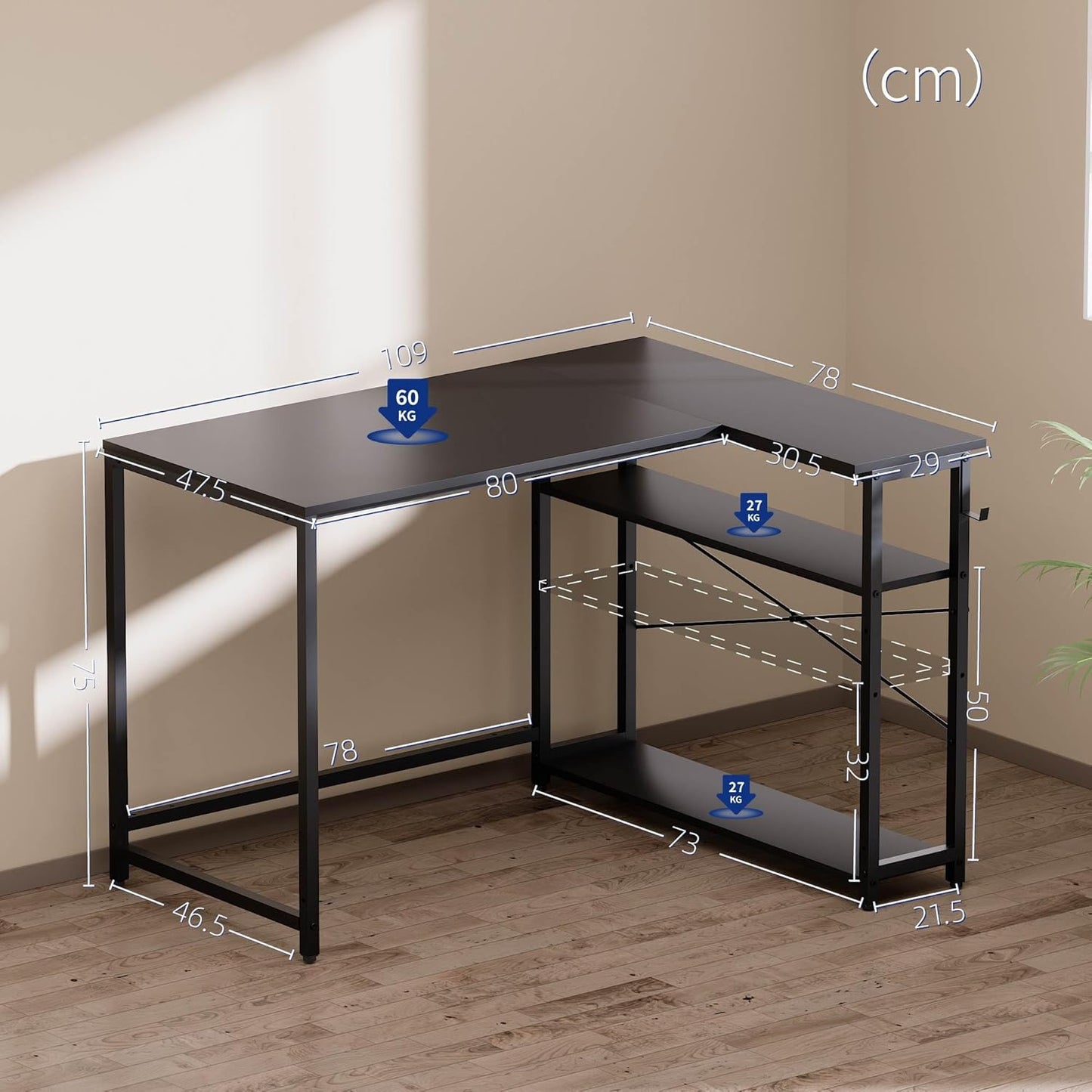 Pamray 43 Inch L Shaped Computer Desk with Reversible Side Storage Shelves, Small Corner Desk for Small Space Home Office,Writing Study Table PC Desk for Bedroom,Vintage