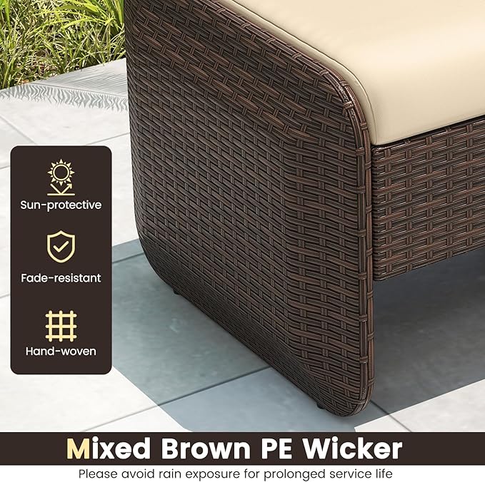 Tangkula 2 Pieces Patio PE Wicker Ottomans with Removable Cushions, Multipurpose Outdoor Furniture for Additional Seating, Footrest and Side Table, Outdoor Footstools for Porch, Backyard (Beige)