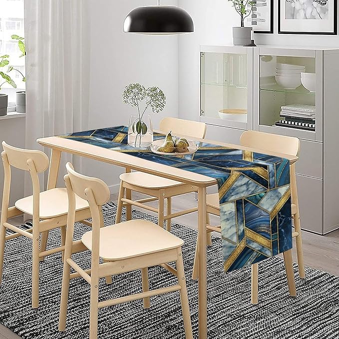 Marble Texture Table Runner, Dark Blue Gold Modern Mosaic Design Table Runner Decoration for Kitchen Family Dinner Table Holiday Party Farmhouse 13x70in
