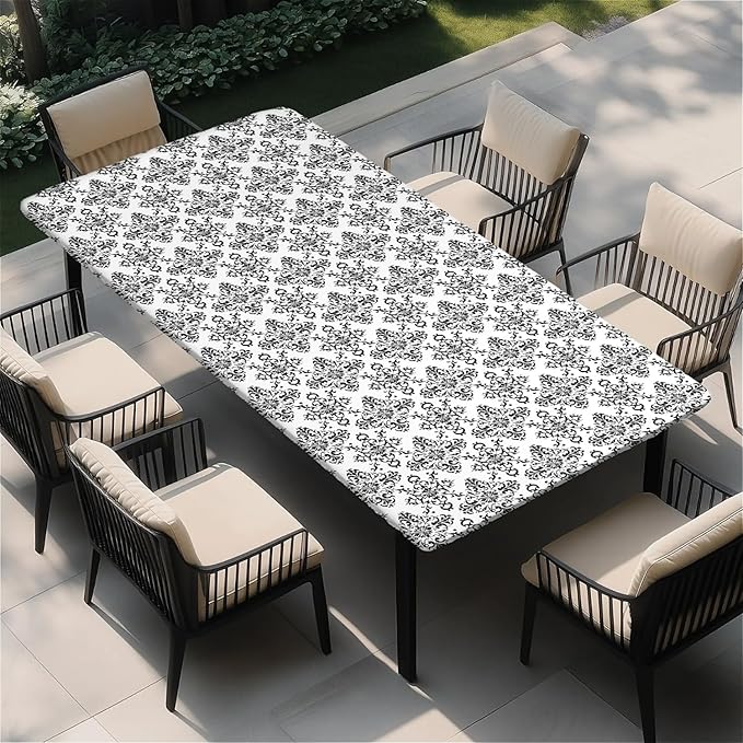 Rectangle Table Cloth Cover Waterproof Elastic Fitted Polyester Fitted Tablecloths for 8 Foot Tables for Indoor,Picnic, Camping, Outdoor （96" x 30"，Geometric ）