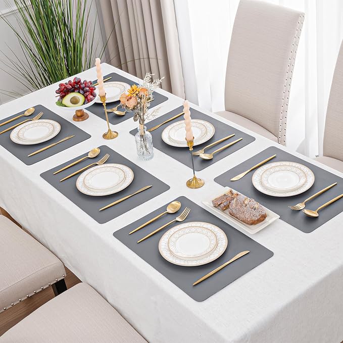 SHACOS Placemats Set of 6 Faux Leather Waterproof Leakproof Wipeable PU Non-Slip Vinyl Place Mats Heat Resistant Table Mats for Kitchen Dining Table Indoor Outdoor, Dark Grey