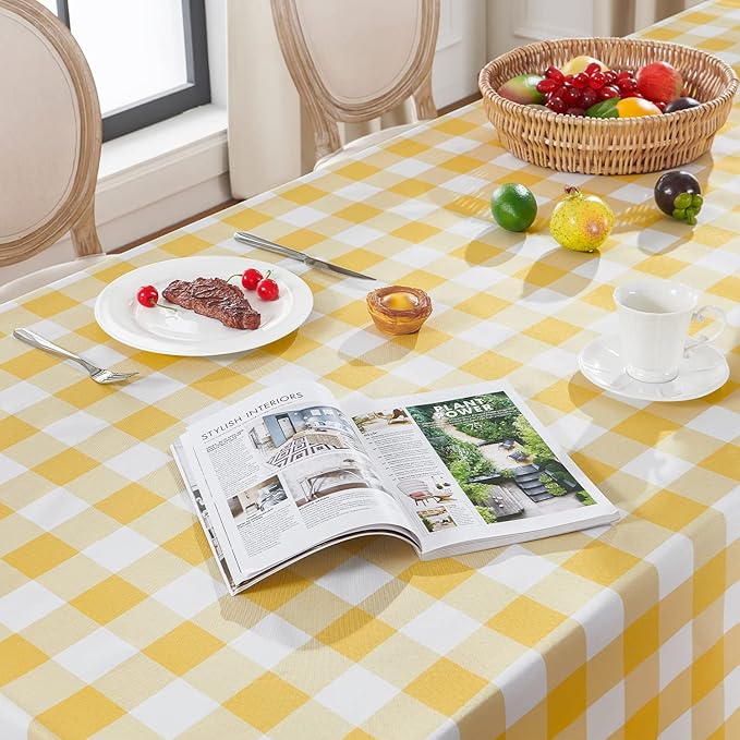 Softalker Gingham Checkered Tablecloth Rectangle - Outdoor Waterproof Buffalo Plaid Table Cloth, Stain Resistant Washable Table Cover for Picnic, Camping, Dining - Yellow and White, 54 x 78 Inch