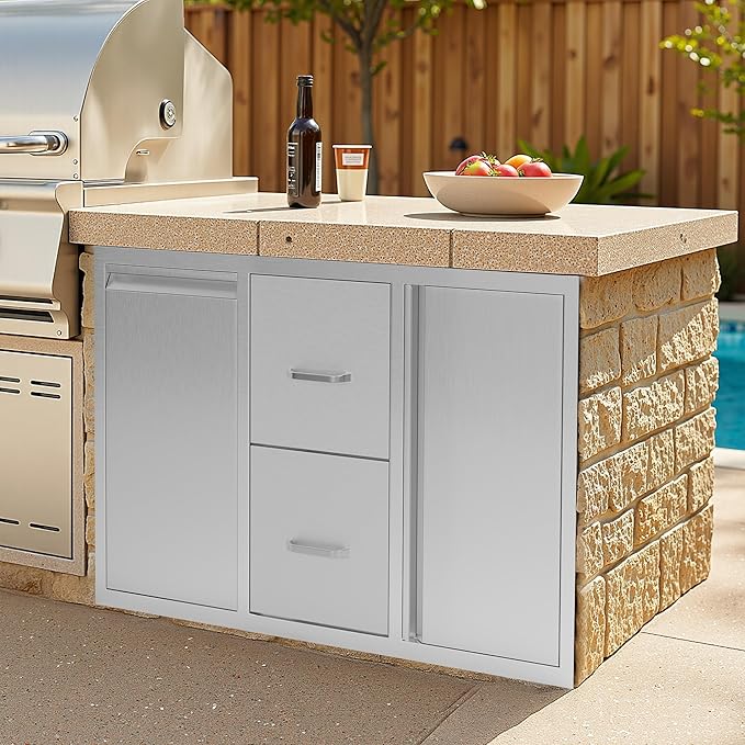 Jocisland Outdoor Kitchen Drawers 41.5" W×23" D×23" H Stainless Steel Drawers for Outdoor Kitchens, Double Drawer & Door Trash Drawer & 3-Tier Cabinet, Built-in BBQ Island Storage