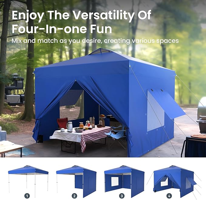PHI VILLA 10x10 Pop Up Canopy Tent with Sidewalls - Easy Up Tent with Mesh Windows for Ventilation, Waterproof Design - Ideal for Parties, Beach, and Outdoor Events (Blue)
