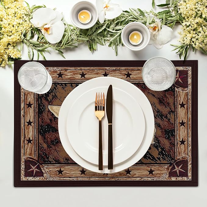 Giwawa Texas Stars Placemats Set of 4, Rustic Western Style Brown Wood Linen Table Mat 12x18 Inch, Vintage Cabin Primitive Decorative Washable Place Mats for Kitchen Dining Desktop Tabletop