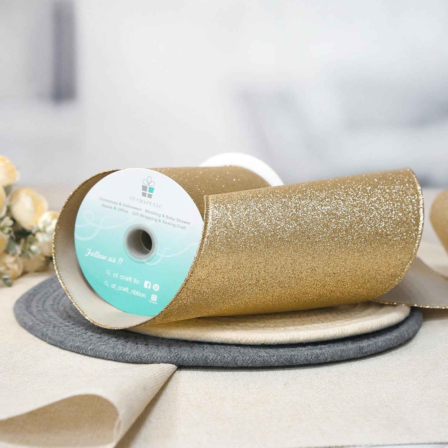 CT CRAFT LLC Glitter Wired Ribbon 6" x 10 Yards Light Gold for Christmas Home Decor Bow Gift Wrapping DIY Crafts Wreath