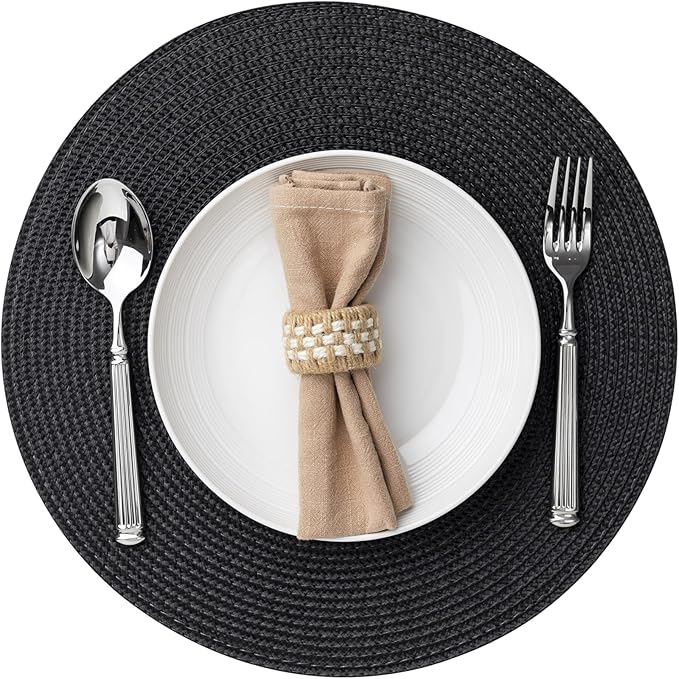 Round Placemats Set of 12 Plastic Woven Placemats Washable Wipeable Table Mats for Dining Table Heat Resistant Non-Slip Circle Place Mats (Black)
