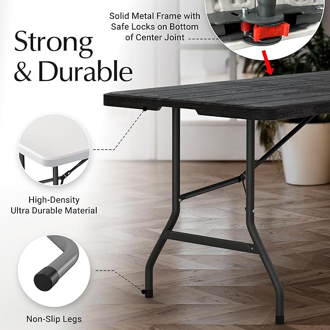 6 Feet Foldable Table with Built in Handle & Steel Legs | 6FT Heavy Duty Folding Portable | Perfect for Party, Dining, Wedding, Events, Picnic Indoor, Outdoor, Camping, Utility, Folding - 6 Foot