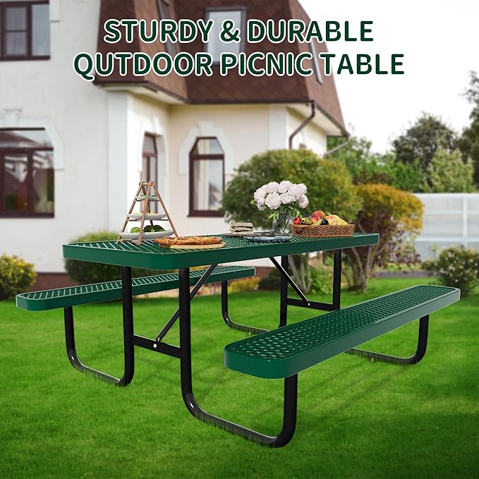 6FT Picnic Tables for Outdoors, Rectangular Commercial Metal Picnic Table Bench Set with Umbrella Hole,Heavy Duty Steel Weather-Resistant Dining Table for Patio Dining Garden Backyard BBQ School