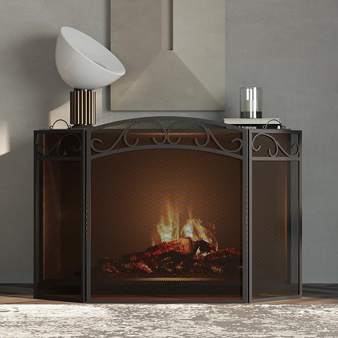 Fire Beauty Fireplace Screen 3 Panel with Handles Wrought Iron 51"(L) x31(H) Spark Guard Cover(Sanded Black)