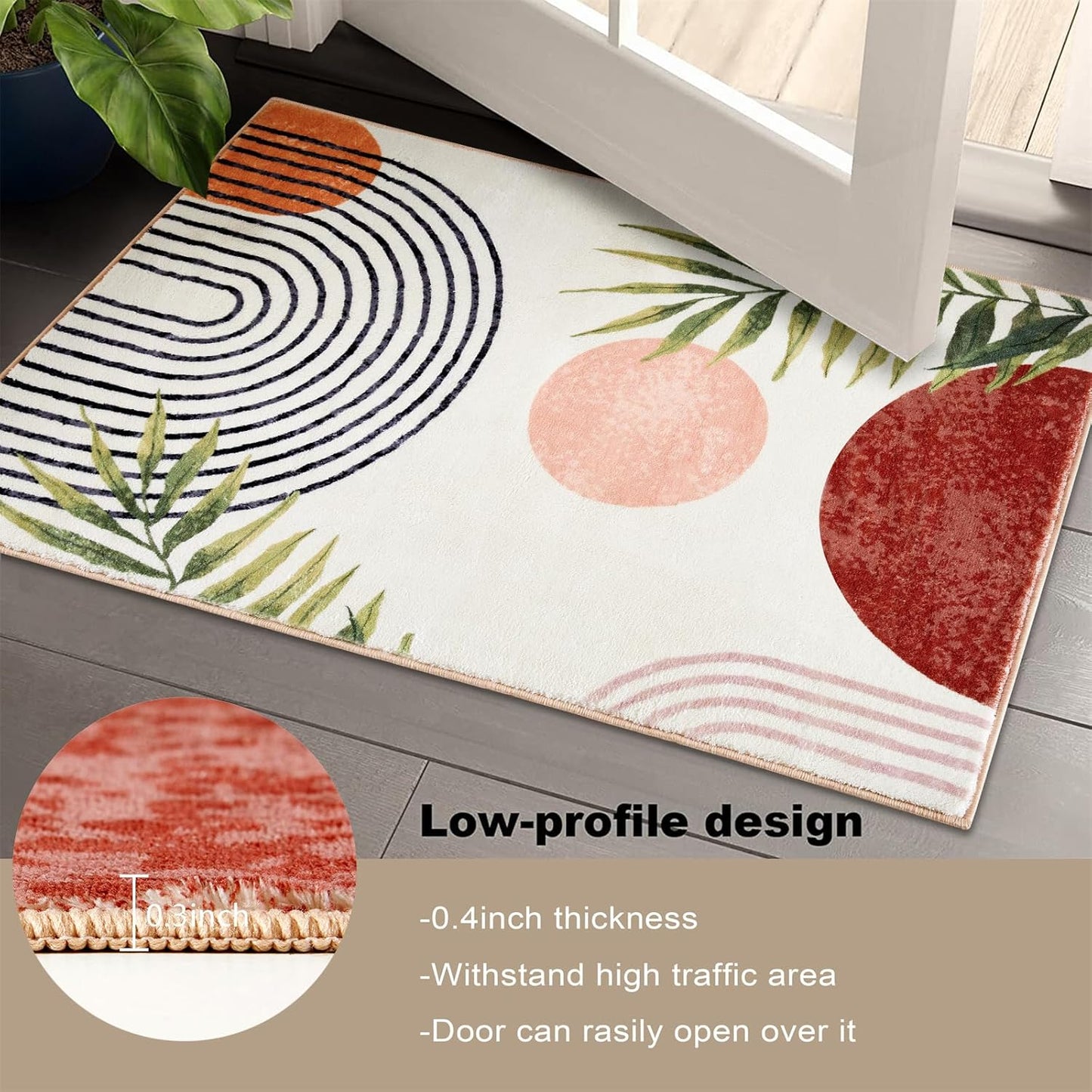RoomTalks Boho Cute Bathroom Rugs Bath Mat Non Slip Washable, Modern Abstract Geometric Shape with Tropical Leaves 2x3 Small Area Rug for Bedroom Kitchen, Neutral Contemporary Retro Indoor Entry Rug
