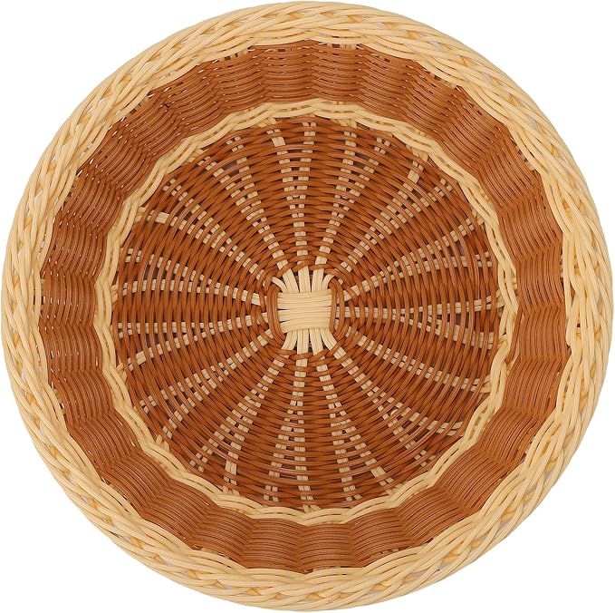 4 Pack Woven Bread Baskets, 11.5 Inch Round Imitation Rattan Basket Wicker Fruit Baskets, Woven Food Serving Basket for Family Party Kitchen Restaurant Outdoor, Brown & Beige