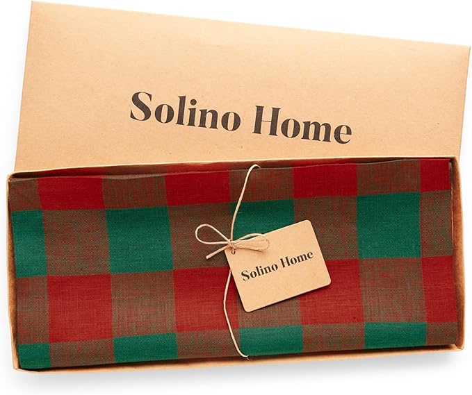 Solino Home Linen Checkered Table Runner 120 Inches Long - 100% Pure Linen Buffalo Check Red and Green Table Runner 14 x 120 Inch Ideal for Dining, Winter