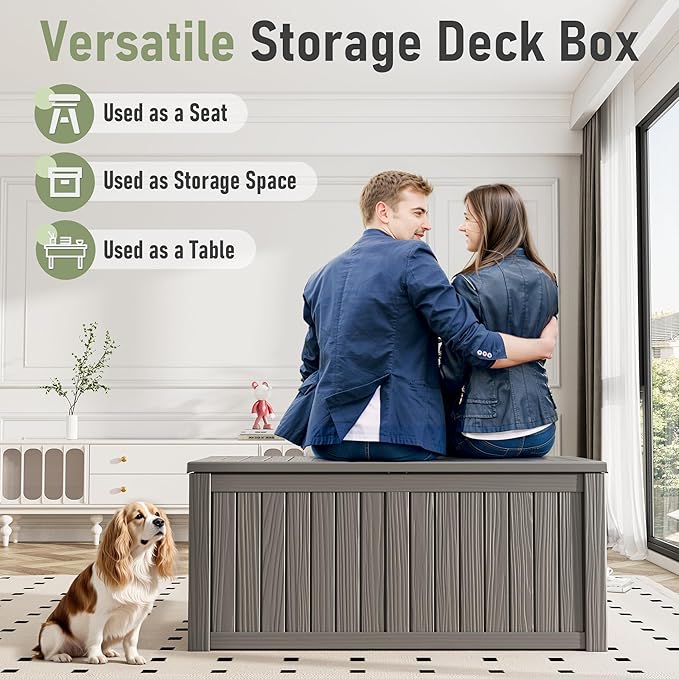 Outdoor Storage Box, 120 Gallon Deck Box, Resin Waterproof Outside Storage Bench, Outdoor Storage Cabinet With Lockable Lid, Backyard Deck Box For Garden Tools, Patio Cushions, Pool Accessories