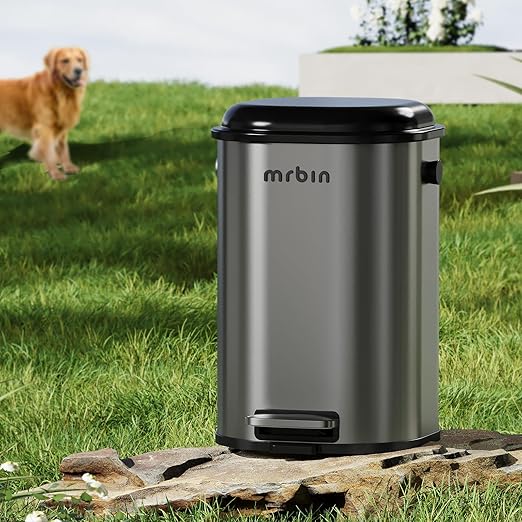 MRBIN Stainless Steel Dog Poop Trash Can with Lid, 5 Gal Round Pet Outdoor Waste Basket with Plastic Inner Bucket, Step Garbage Pail for Outside Patio, Yard, Garage, Eclipse Grey
