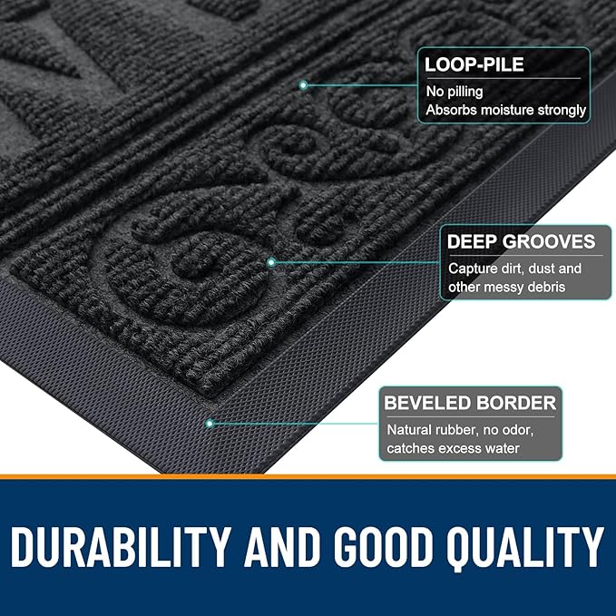 OLANLY Welcome Door Mat Indoor Outdoor Entrance, Heavy Duty Sturdy Front Door Mat, Waterproof All-Weather Doormat, Stain Resistant, Low Profile, Easy Clean Patio Entryway Mat, 47 x 24, Black