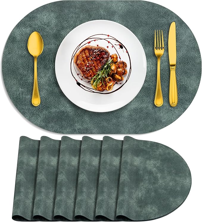 ADRIMER Placemats, Heat Resistant Oval Placemats Set of 6 Washable 12 x 17 Inch, Waterproof Table Mats, Wipeable Pu Place Mats for Kitchen, Dining Room, Blue & Green