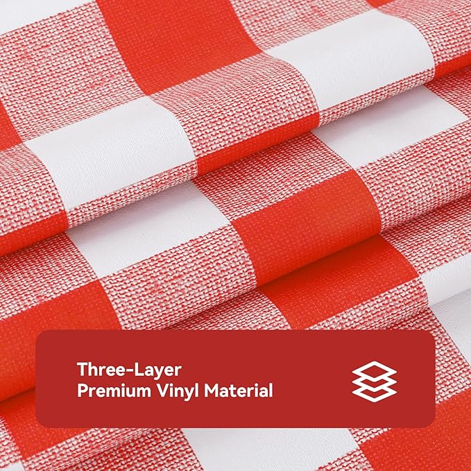 Romanstile Gingham Square Plastic Tablecloth, 100% Waterproof Oil-Proof Checkered PVC Table Cloth, Heavy Duty Vinyl Table Cover for Dining, Camping, Picnic, Outdoor - 54 x 54 Inch, Red and White