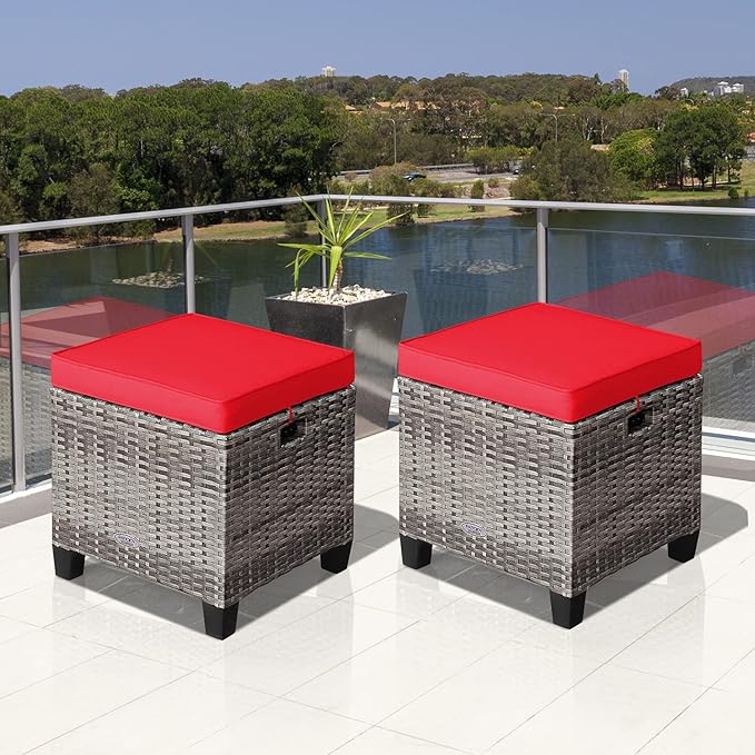 Tangkula 2 Pieces Patio Rattan Ottomans, Outdoor Wicker Footstool Footrest Seat with Soft Cushions and Steel Frame, All-Weather Patio Ottoman Set for Backyard Garden Poolside
