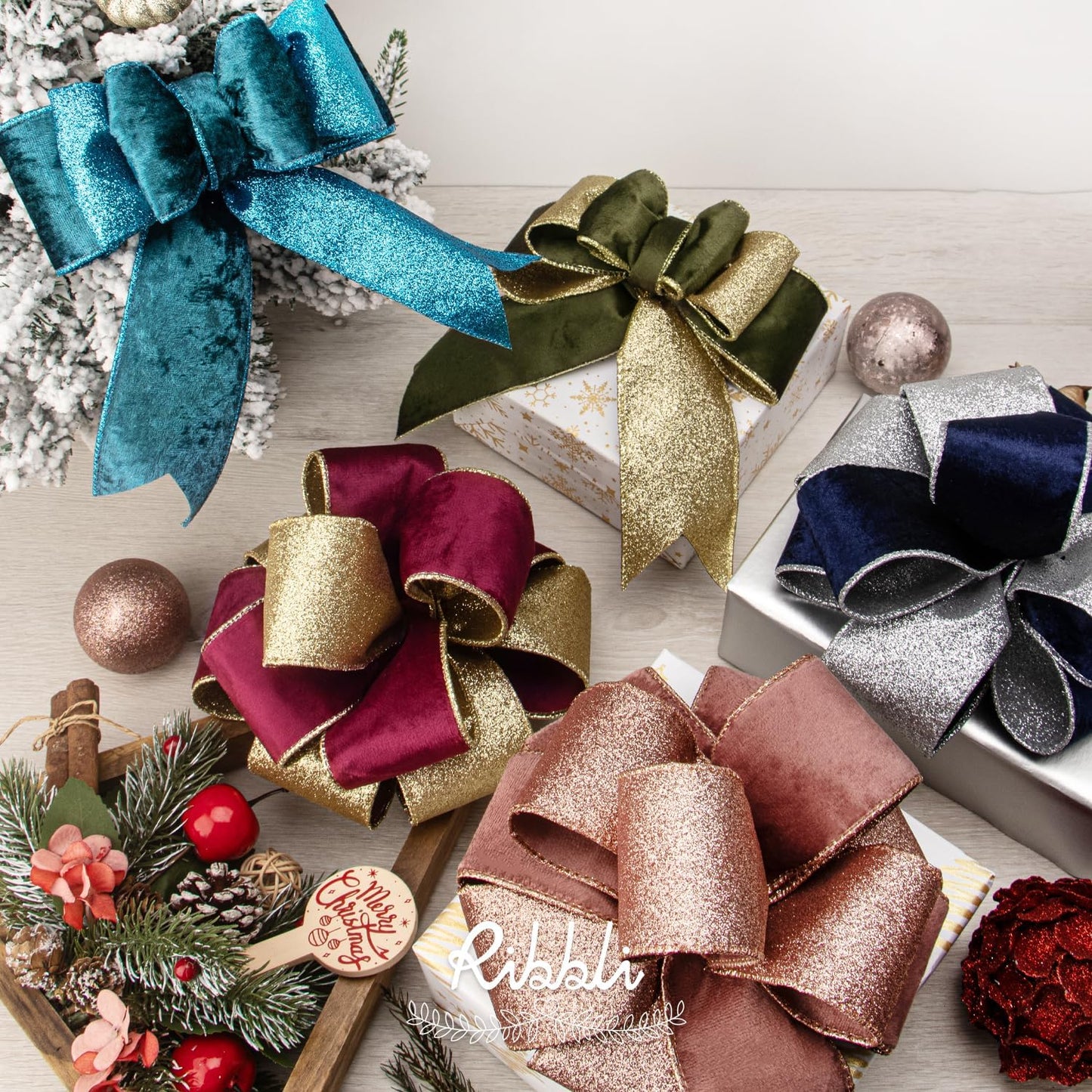 Ribbli Red Velvet Wired Ribbon 2.5 Inch Red Velvet with Gold Glitter Christmas Ribbon for Christmas Tree Decoration Big Bow Gift Wrapping Crafts Wreaths Supplies- 10 Yards