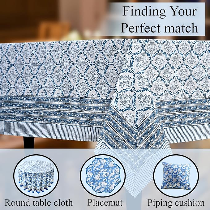 CPC Indigo Regal Tablecloth 100% Cotton 60x90 Inch Indian Block Print Rectangle Table Cover, Table Cloth for Gifting in Weddings, Halloween, Fall, Christmas, Thanksgiving