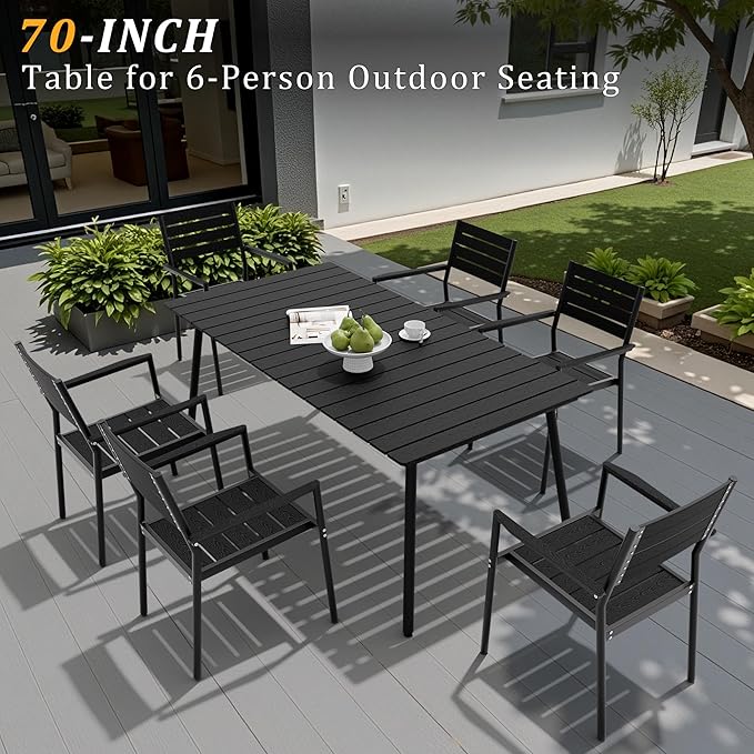 70" Patio Outdoor Dining Table for 6, Weather-Resistant Aluminum Frame with Wood-Grain Top & Umbrella Hole for Deck Gatherings, Black