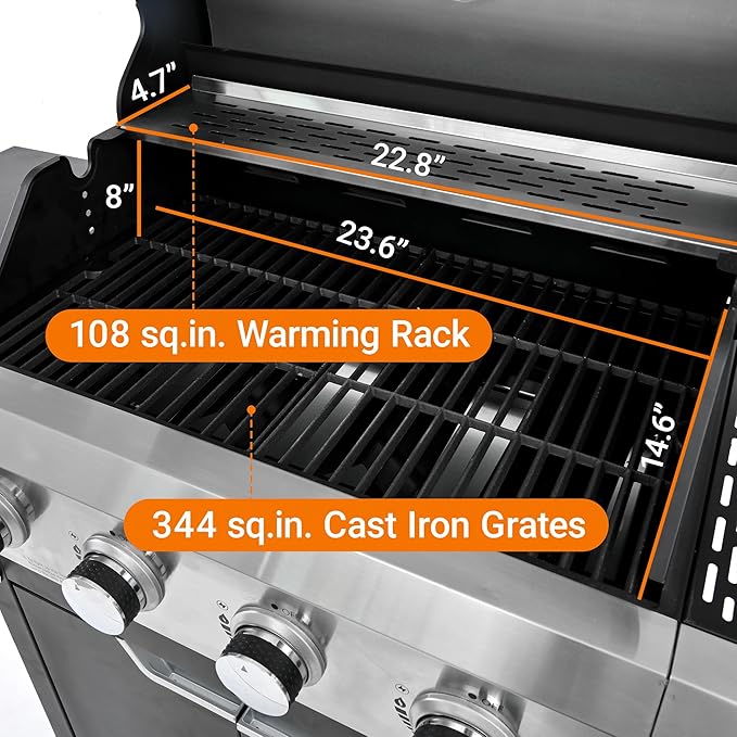 Zateety 4 Burner Propane Grill - 42,000 BTU Gas Grill with Side Burner, Stainless Steel with Iron Cast Grates for Outdoor Cooking, Patio, Camping BBQ, Garden Barbecue Grill, Black and Silver