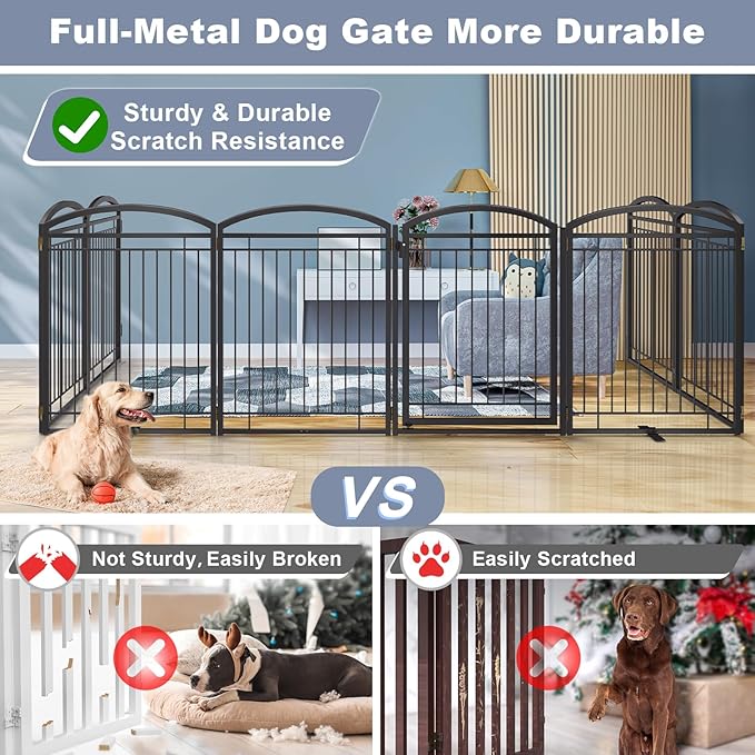 Full Metal Free Standing Dog Gate with Door for Indoor Outdoor,192'' Extra Wide 32'' Tall Dog Gates for Doorways,Large Openings,Decks,Freestanding Portable Pet Fence(8 Panels,Black)