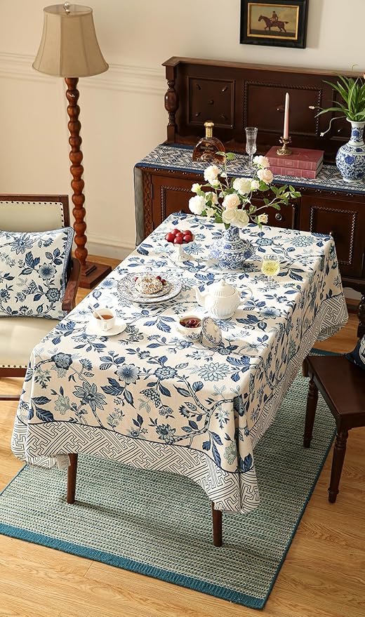 Vintage Blue and White Rectangle Tablecloth,French Linen Floral Wrinkle Free Tablecloths,Decorative Table Cover for Kitchen,Dining,Party,Thanksgiving,Christmas,55"*79"-Suqing
