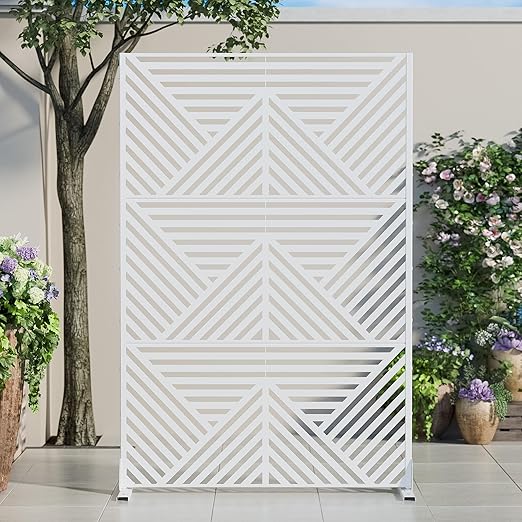 Casaphoria 72" H x 47" W Metal Outdoor Privacy Screen, Freestanding Decorative Divider for Patio, Deck, Balcony, and Garden with Stable Base, White Zodiac