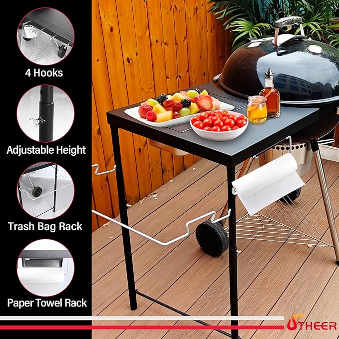 All-in-One Grill Table for Weber Kettle 22"/18"/26" & Smokey Mountain, Recteq Pellet Grill RT-B380, Prep Station with Cutting Board, Basin, 4 Hooks, Heavy-Duty Steel Side Shelf for Outdoor Cooking