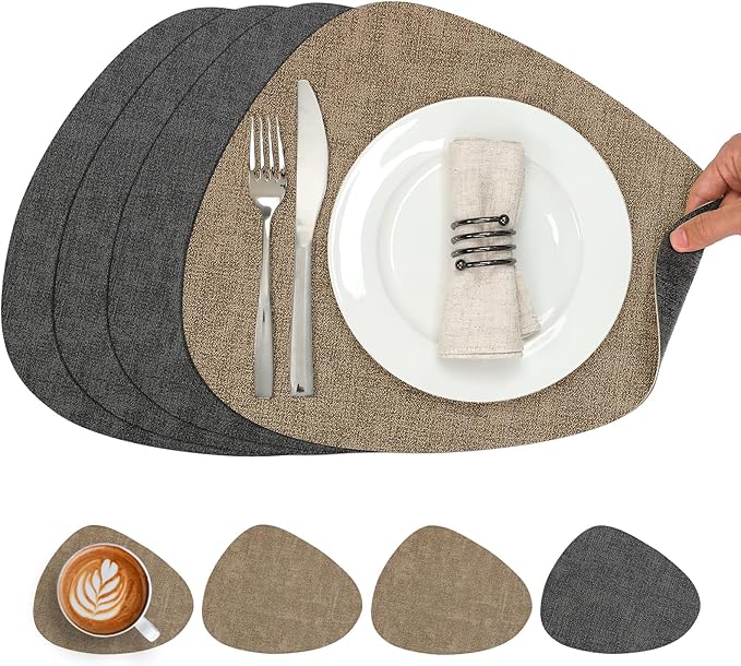 Placemats and Coasters, Washable Reversible Placemats Round Faux Leather Wipeable Place Mats Non Slip Heat Resistant Indoor Outdoor Table Mats (Set of 4, Gray Beige)