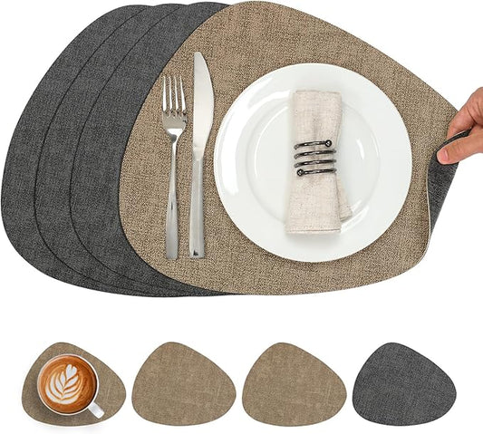 Placemats and Coasters, Washable Reversible Placemats Round Faux Leather Wipeable Place Mats Non Slip Heat Resistant Indoor Outdoor Table Mats (Set of 4, Gray Beige)