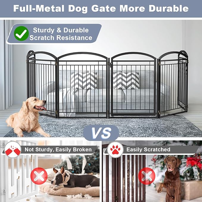 Full Metal Free Standing Dog Gate with Door for Indoor Barriers,144'' Extra Wide 32'' Tall Dog Gate for Doorways,Large Openings,Decks,Freestanding Portable Pet Fence(6 Panels,Black)