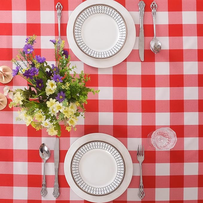 Cupuamon 2 Pack Waterproof Polyester Fabic Rectangle Checkered Tablecloth，60x120 Outdoor Table Cloth，Oil Stain Prevention Table Cloth for Pinics and Parties（Red and White）