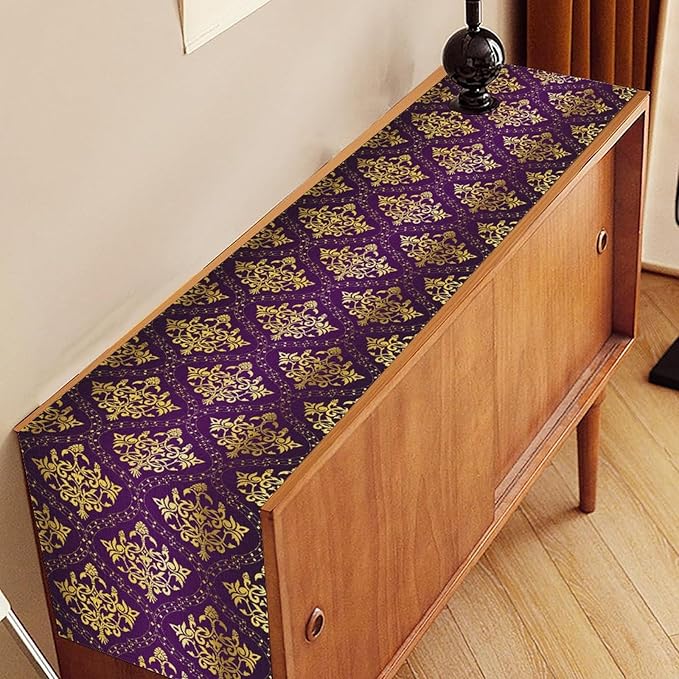 Vintage Table Runner, Retro Antique Gothic Purple Damask Floral Flower Pattern Classic Boho Coffee Table Center Decor for Kitchen and Dining Outdoor Home Country Party Table Decorations, 13"x36"